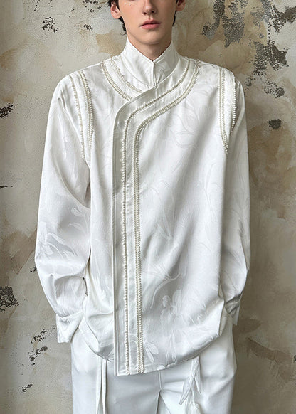 Camisas de algodón para hombre, estilo chino, blanco, con cuello alto y cuentas de uñas, primavera