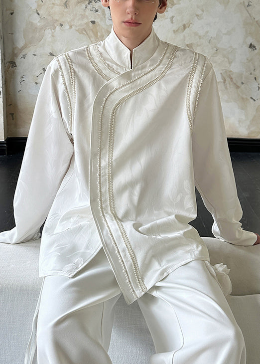 Camisas de algodón para hombre, estilo chino, blanco, con cuello alto y cuentas de uñas, primavera