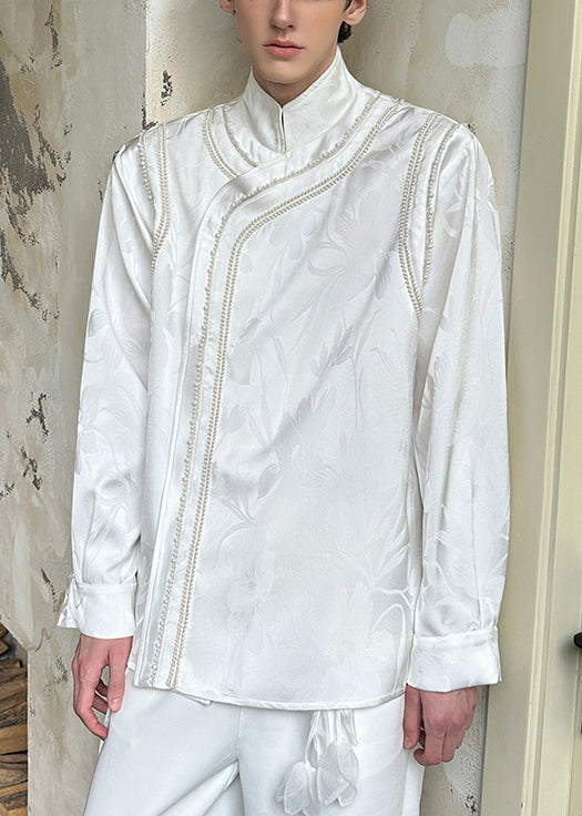 Camisas de algodón para hombre, estilo chino, blanco, con cuello alto y cuentas de uñas, primavera