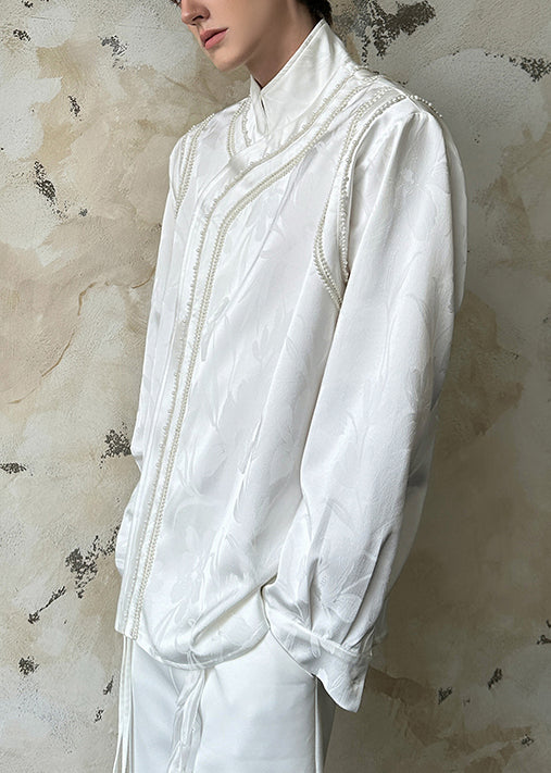 Camisas de algodón para hombre, estilo chino, blanco, con cuello alto y cuentas de uñas, primavera