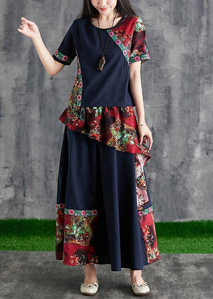 Chinese style summer black print cotton linen stitching small fresh and  temperament summer two-piece - SooLinen