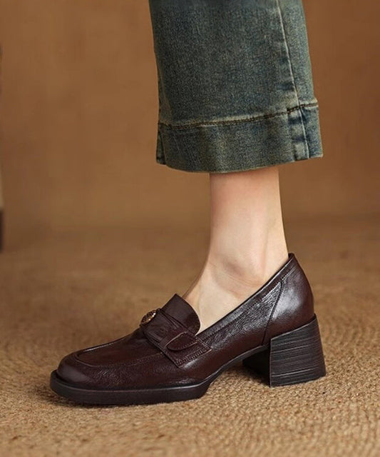 Chocolate Cowhide Leather Splicing Chunky Loafer Shoes