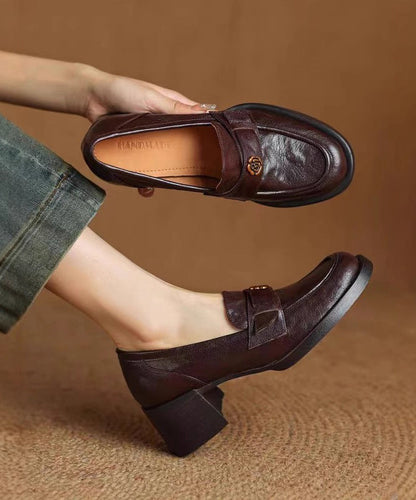 Chocolate Cowhide Leather Splicing Chunky Loafer Shoes