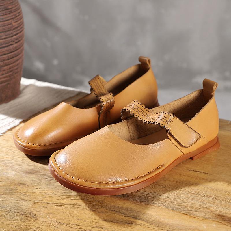 Chocolate Flat Shoes Genuine Leather Fine Embossed Flat Feet Shoes - SooLinen