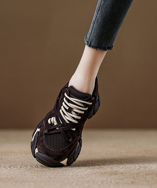 Zapatos planos de chocolate con plataforma, malla transpirable, cómodos, con cordones