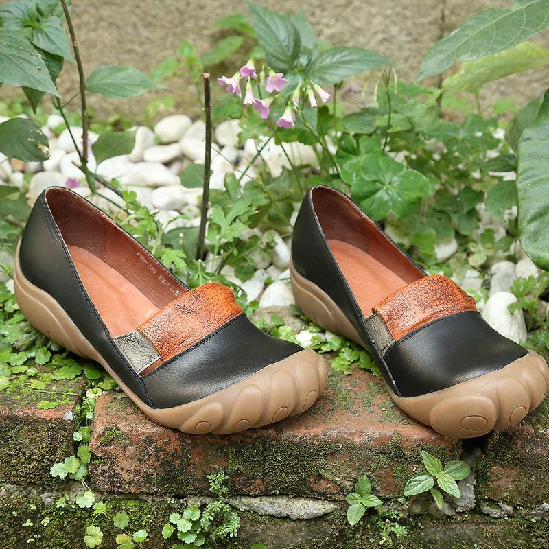 Chocolate Genuine Leather Vintage Flats  Flat Feet Shoes - SooLinen