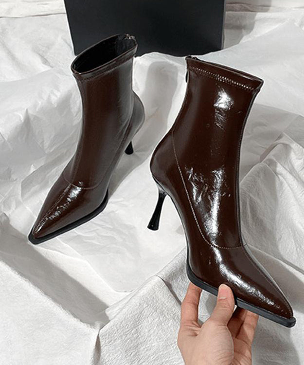 Chocolate High Heel Faux Leather Fuzzy Wool Lined Stylish Splicing Boots Pointed Toe