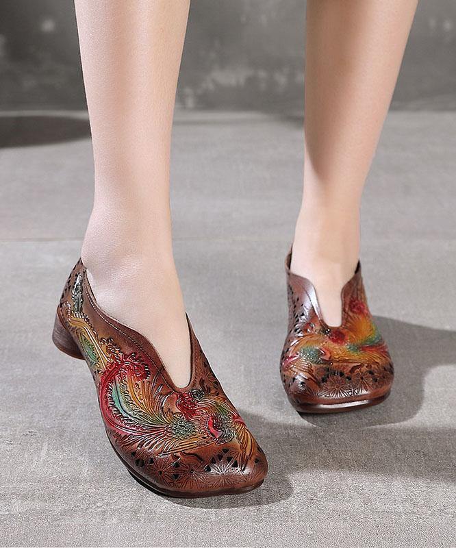 Chocolate Hollow Out Flat Embossed Shoes For Women - SooLinen