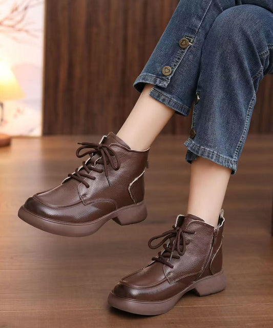 Chocolate Lace Up Cowhide Leather Ankle Boots
