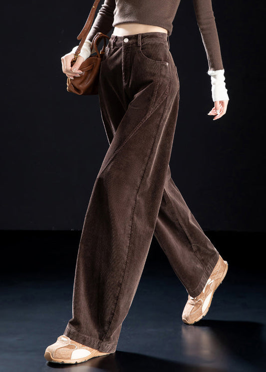 Schokoladenbraune, originell designte, warme Fleece-Cord-Haremshose mit hohem Bund und Knöpfen