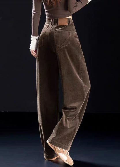 Schokoladenbraune, originell designte, warme Fleece-Cord-Haremshose mit hohem Bund und Knöpfen