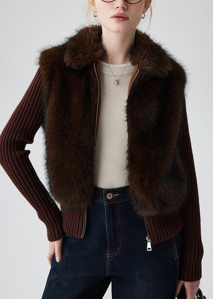 Abrigos de punto de piel sintética con patchwork de chocolate, dos piezas de invierno