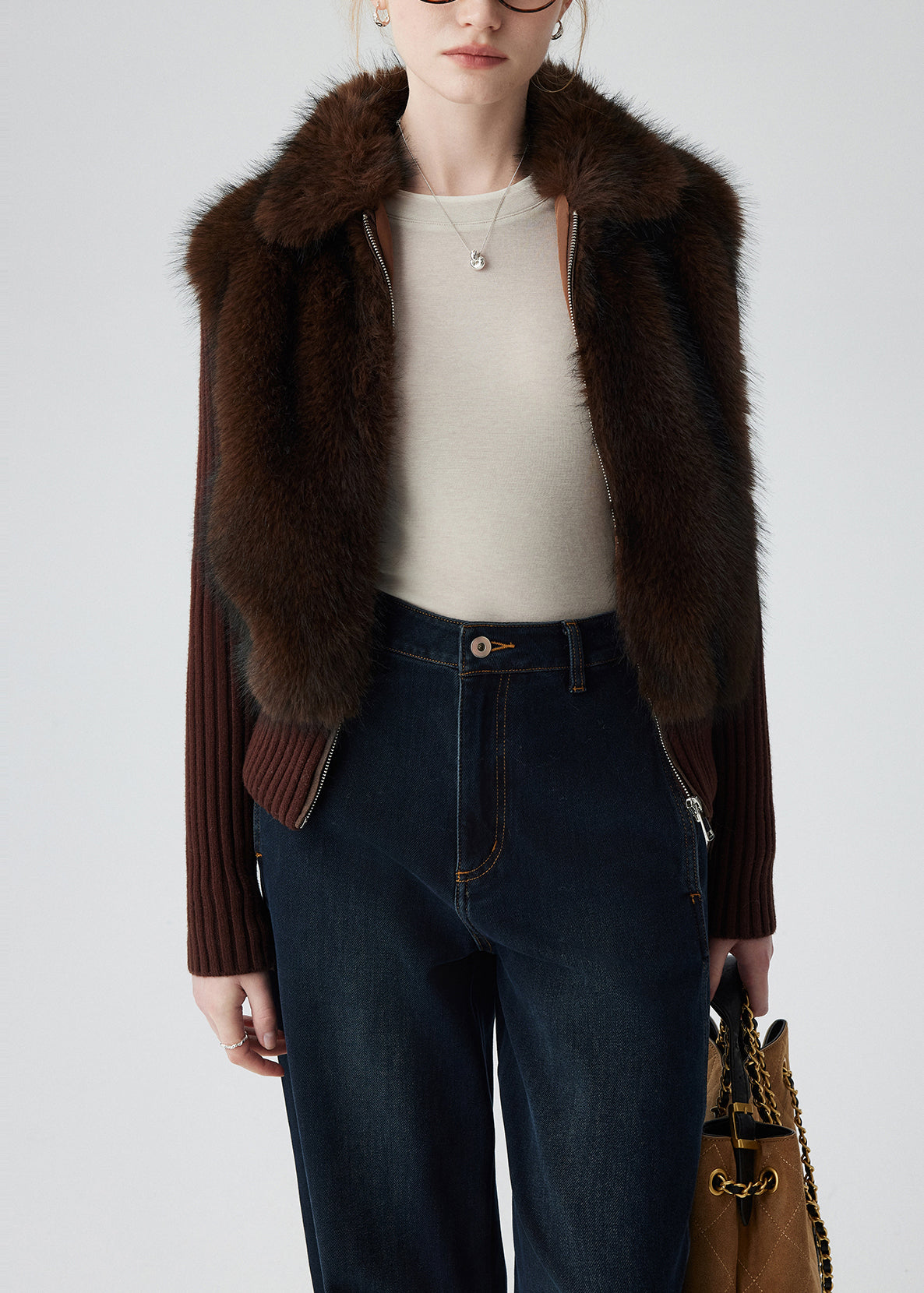 Abrigos de punto de piel sintética con patchwork de chocolate, dos piezas de invierno