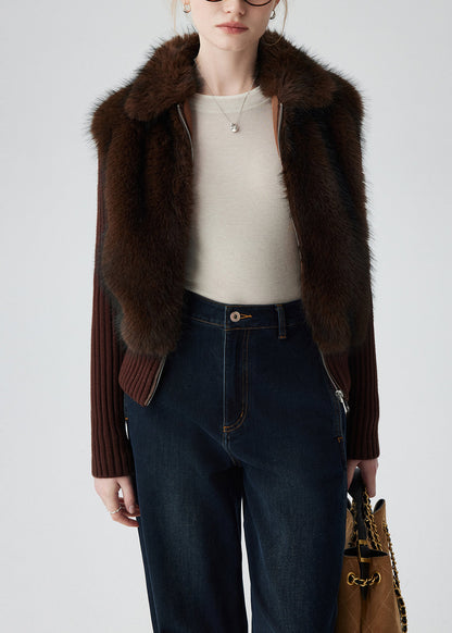 Abrigos de punto de piel sintética con patchwork de chocolate, dos piezas de invierno