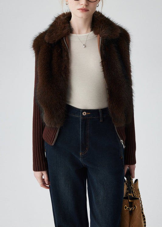 Schokoladenbraune Patchwork-Kunstpelz-Strickmäntel, zweiteilige Winterjacken