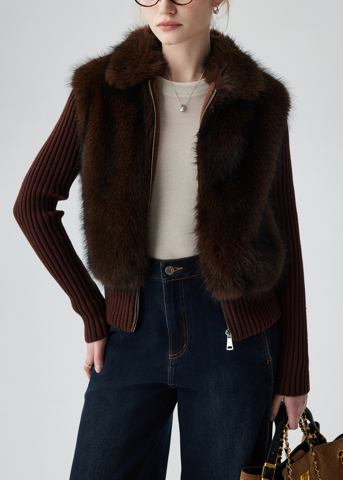 Abrigos de punto de piel sintética con patchwork de chocolate, dos piezas de invierno