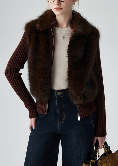 Abrigos de punto de piel sintética con patchwork de chocolate, dos piezas de invierno