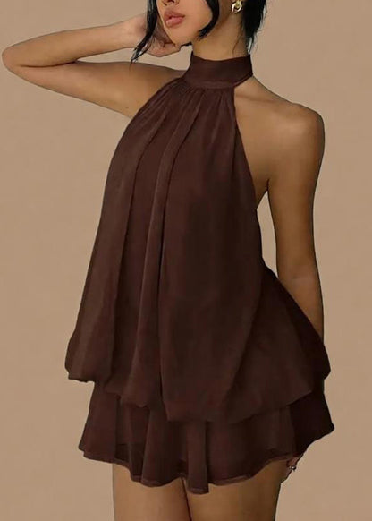Chocolate Turtleneck Patchwork Chiffon Mid Dress Summer