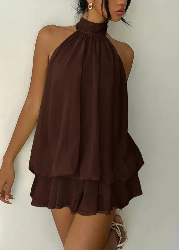 Chocolate Turtleneck Patchwork Chiffon Mid Dress Summer