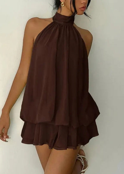 Chocolate Turtleneck Patchwork Chiffon Mid Dress Summer