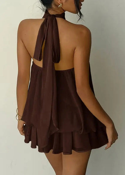 Chocolate Turtleneck Patchwork Chiffon Mid Dress Summer