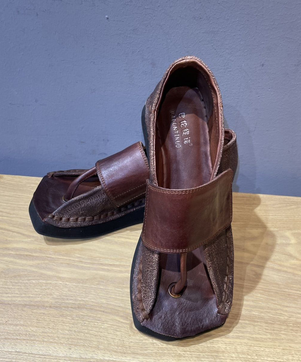 Schokoladenkeil-Flip-Flops aus Rindsleder, einzigartiges Spleißen