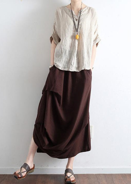 Schokoladenbrauner Leinenrock mit seitlichem Kordelzug, asymmetrisches, übergroßes Baumwollrock-Outfit