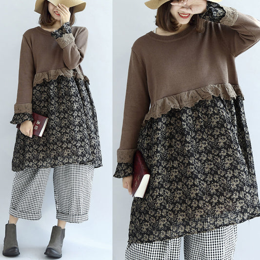 Schokoladenbraunes Vintage-Pulloverkleid mit floralem Patchwork-Muster, Strickpullover-Etuikleid