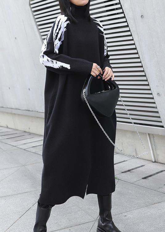 Christmas black Weaving flowers Sweater plus size high neck daily knit dress - SooLinen