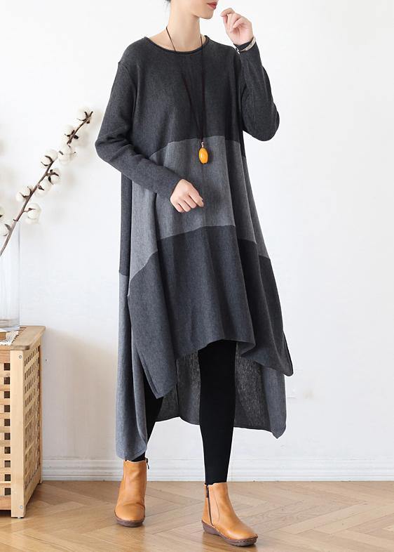 Christmas gray Sweater outfits Street Style o neck patchwork Largo fall knit dresses - SooLinen