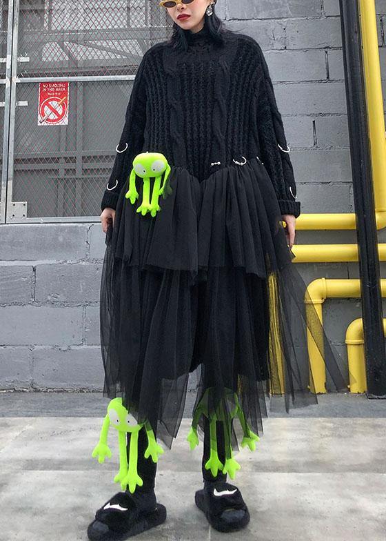 Christmas high neck patchwork tulle Sweater spring Beautiful black baggy knit dresses - SooLinen