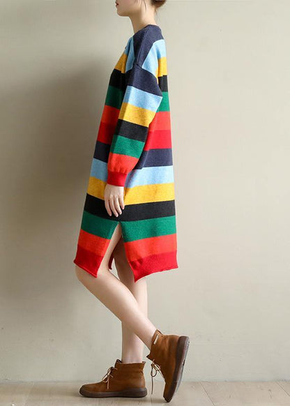 Christmas rainbow striped Sweater knit top pattern Moda side open oversized spring knitted tops - SooLinen