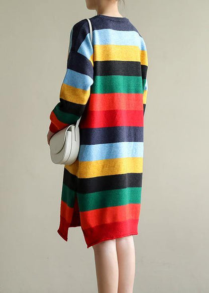 Christmas rainbow striped Sweater knit top pattern Moda side open oversized spring knitted tops - SooLinen