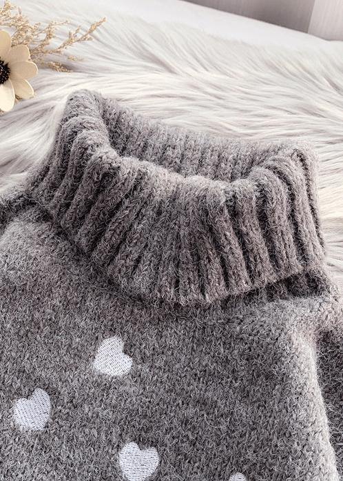 Chunky  gray Heart print knit tops oversize high neck patchwork knitted top - SooLinen