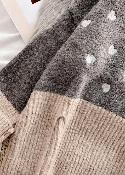 Chunky  gray Heart print knit tops oversize high neck patchwork knitted top - SooLinen