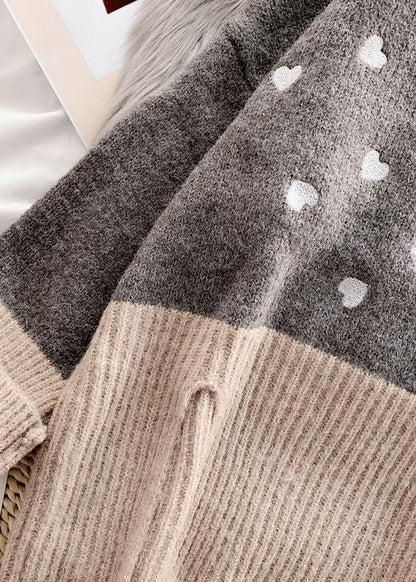 Chunky  gray Heart print knit tops oversize high neck patchwork knitted top - SooLinen