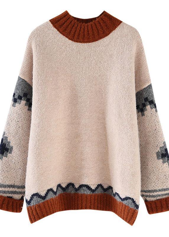 Chunky beige knitted top patchwork plus size clothing spring knit tops - SooLinen