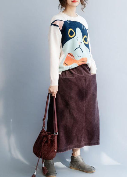 Chunky beige sweater tops o neck plus size clothing animal print knitwear - SooLinen