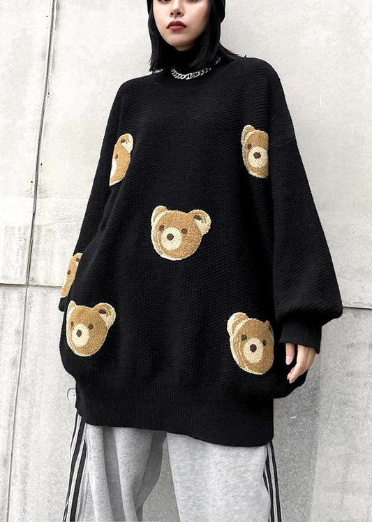 Chunky black Bear design knit tops o neck silhouette knit top - SooLinen