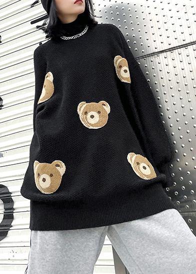 Chunky black Bear design knit tops o neck silhouette knit top - SooLinen