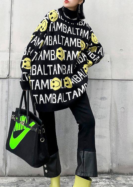 Chunky black Letter crane tops o neck trendy plus size knitted blouse - SooLinen