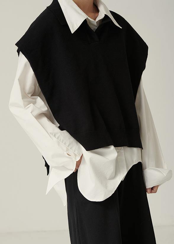 Chunky black knitwear plus size clothing lapel sleeveless tops - SooLinen