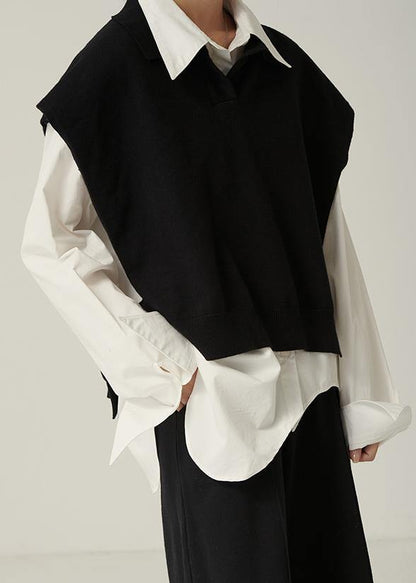 Chunky black knitwear plus size clothing lapel sleeveless tops - SooLinen