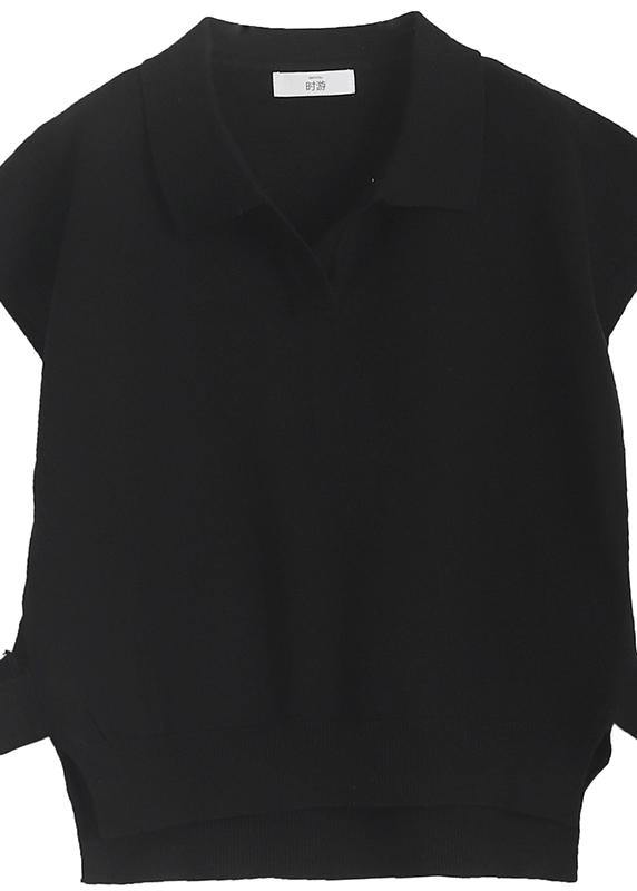Chunky black knitwear plus size clothing lapel sleeveless tops - SooLinen