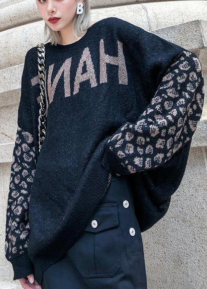 Chunky black print knit tops plus size clothing o neck patchwork knit tops - SooLinen