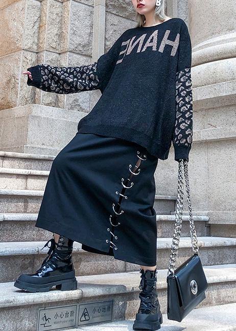 Chunky black print knit tops plus size clothing o neck patchwork knit tops - SooLinen