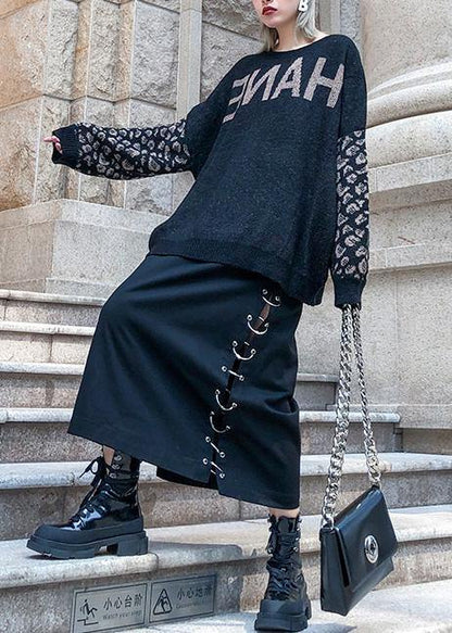 Chunky black print knit tops plus size clothing o neck patchwork knit tops - SooLinen