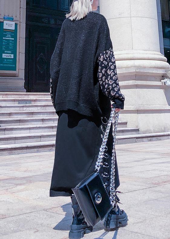 Chunky black print knit tops plus size clothing o neck patchwork knit tops - SooLinen