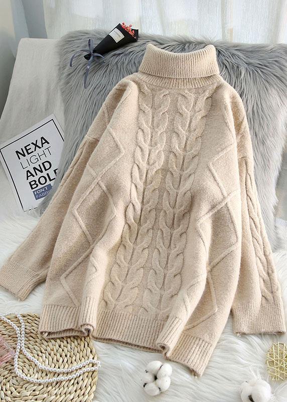 Chunky blue knit tops cable casual high neck knitwear - SooLinen