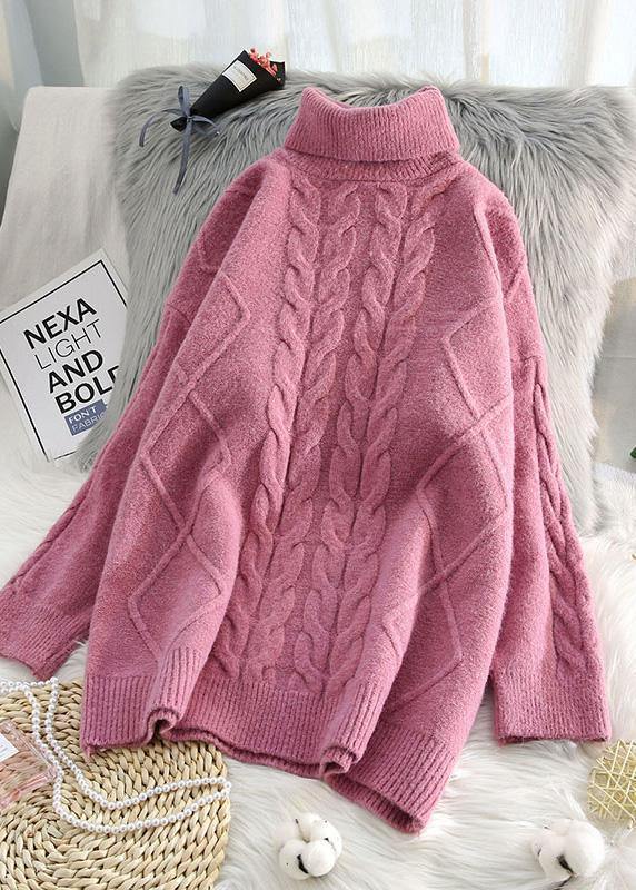 Chunky blue knit tops cable casual high neck knitwear - SooLinen